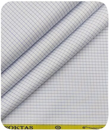 Soktas Men's White 100% Cotton Blue Checks Shirt Fabric (1.60 M)