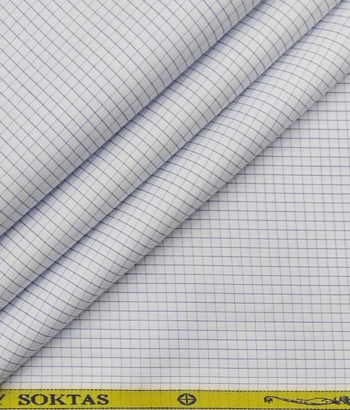 Soktas Men's White 100% Cotton Blue Checks Shirt Fabric (1.60 M)