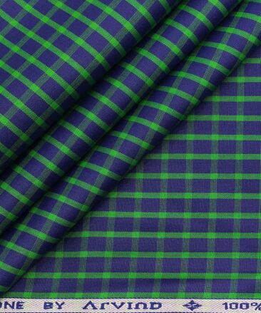 Arvind Men's 100% Premium Cotton Green Checks Shirt Fabric ( Royal Blue