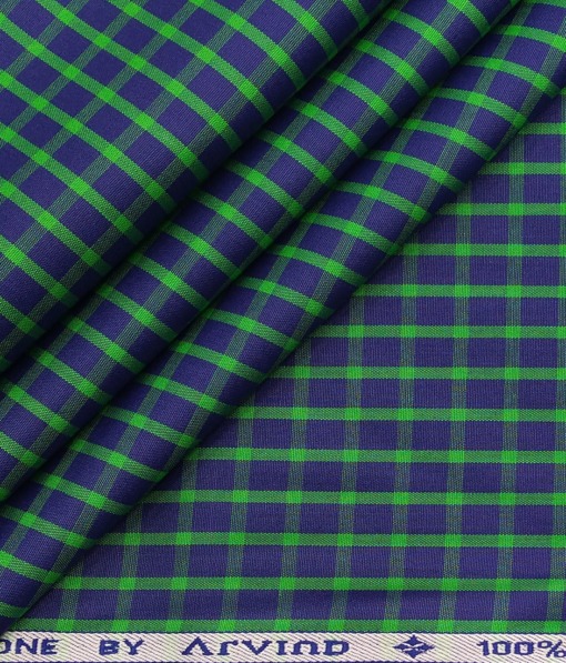 Arvind Men's 100% Premium Cotton Green Checks Shirt Fabric ( Royal Blue