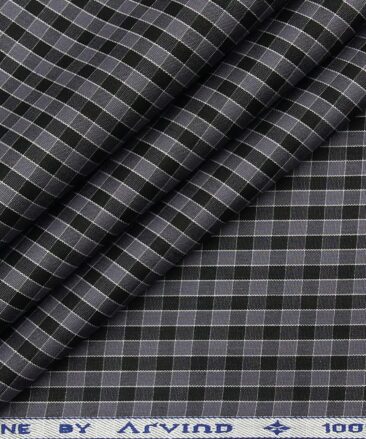 Arvind Men's 100% Premium Cotton Black Checks Shirt Fabric ( Grey