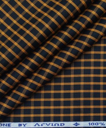 Arvind Men's 100% Premium Cotton Orange Checks Shirt Fabric ( Black