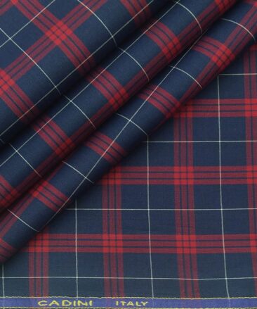 Cadini Italy Men's 100% Luxury Cotton Red Checks Unstitched Shirt Fabric (Dark Blue