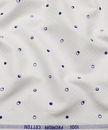 Exquisite Men's 100% Cotton Blue Polka Dots Print Unstitched Shirt Fabric (Off-White