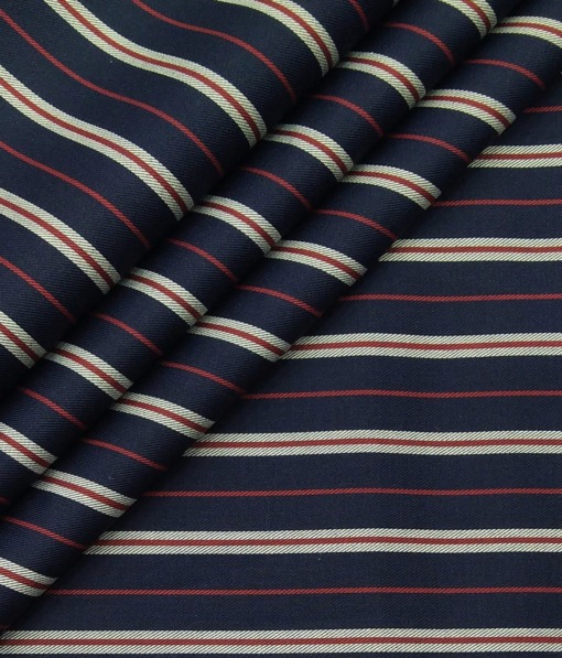 Exquisite Men's 100% Cotton White & Red Striped Unstitched Shirt Fabric (Dark Blue