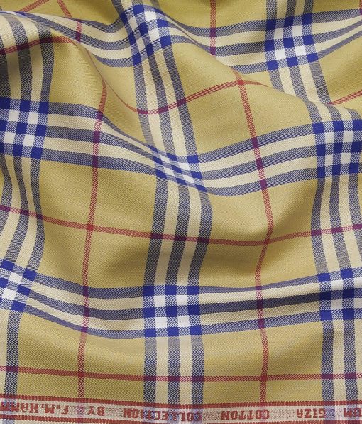 F.M. Hammerle Men's 100% Giza Cotton Multi Color Broad Checks Unstitched Shirt Fabric (Mustard Yellow