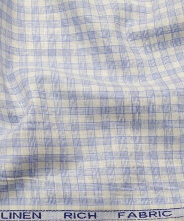 Mazury by Aditya Birla Group Men's Linen Cotton Blue Checks Unstitched Shirt Fabric (White