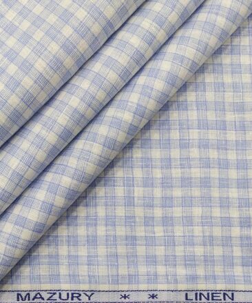 Mazury by Aditya Birla Group Men's Linen Cotton Blue Checks Unstitched Shirt Fabric (White