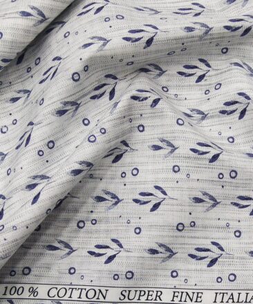 PEE GEE Men's 100% Cotton Grey & Blue Floral Print Unstitched Shirt Fabric (White