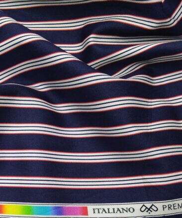 PEE GEE Men's 100% Cotton White & Red Digital Printed Stripes Unstitched Shirt Fabric (Dark Blue