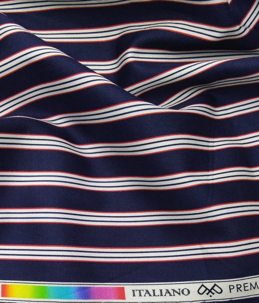 PEE GEE Men's 100% Cotton White & Red Digital Printed Stripes Unstitched Shirt Fabric (Dark Blue