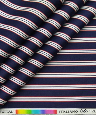 PEE GEE Men's 100% Cotton White & Red Digital Printed Stripes Unstitched Shirt Fabric (Dark Blue