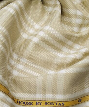 Soktas Men's Egyptian Giza Cotton White Broad Checks Unstitched Shirt Fabric (Beige