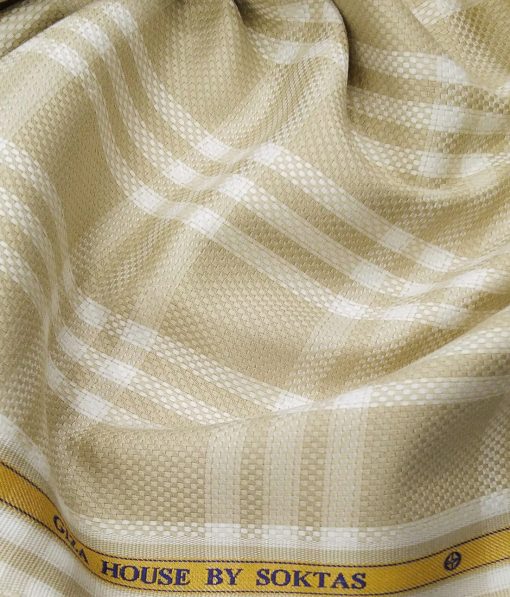 Soktas Men's Egyptian Giza Cotton White Broad Checks Unstitched Shirt Fabric (Beige