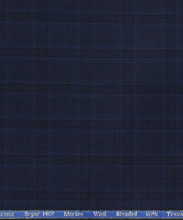 Cadini Men's Wool Super 140s Unstitched 3.25 Meter Self Broad Checks Suit Fabric (Dark Royal Blue)