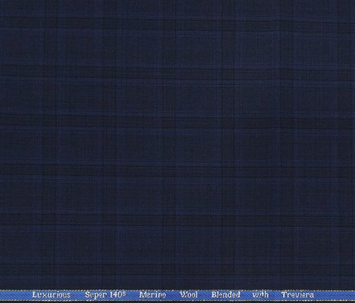 Cadini Men's Wool Super 140s Unstitched 3.25 Meter Self Broad Checks Suit Fabric (Dark Royal Blue)