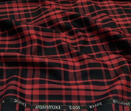 J.Hampstead Men's Poly Wool Unstitched Red Checks Suiting Fabric (Black)