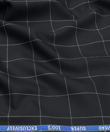 J.Hampstead Men's Poly Wool Super 100s Unstitched White Checks Suiting Fabric (Dark Navy Blue)