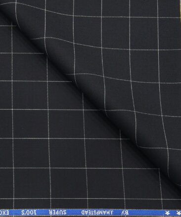 J.Hampstead Men's Poly Wool Super 100s Unstitched White Checks Suiting Fabric (Dark Navy Blue)