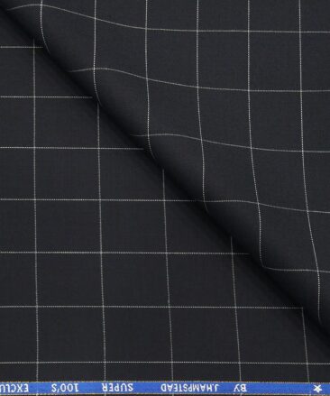 J.Hampstead Men's Poly Wool Super 100s Unstitched White Checks Suiting Fabric (Dark Navy Blue)