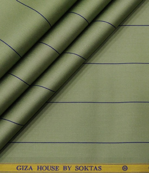 Soktas Men's Giza Cotton Blue Broad Striped 1.60 Meter Unstitched Shirt Fabric (Olive Green)