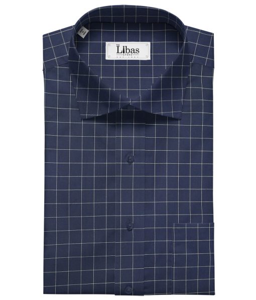 Cadini Italy Men's Cotton White Checks 1.60 Meter Unstitched Shirt Fabric (Dark Royal Blue)