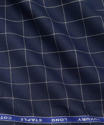 Cadini Italy Men's Cotton White Checks 1.60 Meter Unstitched Shirt Fabric (Dark Royal Blue)