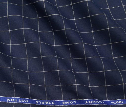 Cadini Italy Men's Cotton White Checks 1.60 Meter Unstitched Shirt Fabric (Dark Royal Blue)