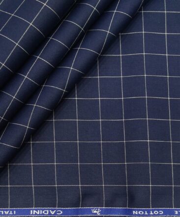 Cadini Italy Men's Cotton White Checks 1.60 Meter Unstitched Shirt Fabric (Dark Royal Blue)