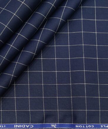 Cadini Italy Men's Cotton White Checks 1.60 Meter Unstitched Shirt Fabric (Dark Royal Blue)