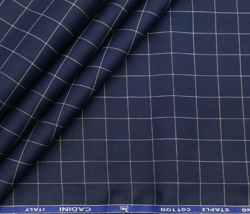 Cadini Italy Men's Cotton White Checks 1.60 Meter Unstitched Shirt Fabric (Dark Royal Blue)