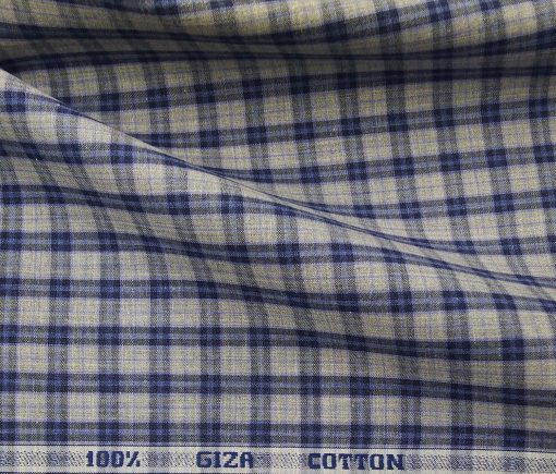 Raymond Men's Giza Cotton Blue Checks 1.80 Meter Unstitched Shirt Fabric (Light Grey)