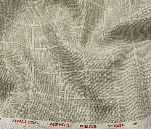 Solino Men's Linen White Checks 3 Meter Unstitched Suiting Fabric (Light Brown)