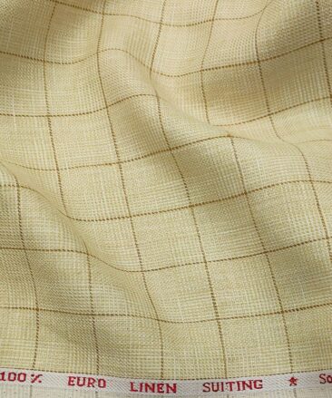 Solino Men's Linen Brown Checks 3 Meter Unstitched Suiting Fabric (Beige)