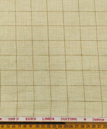 Solino Men's Linen Brown Checks 3 Meter Unstitched Suiting Fabric (Beige)