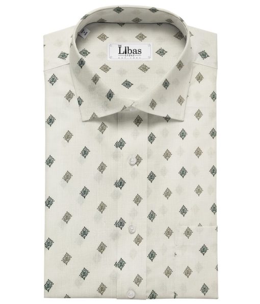 Linen Club Men's Cotton Linen Printed Unstitched Shirting Fabric (Milky White)