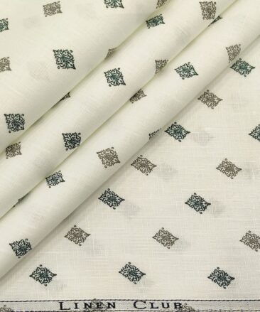 Linen Club Men's Cotton Linen Printed Unstitched Shirting Fabric (Milky White)