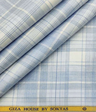 Soktas Men's Cotton Checks 1.60 Meter Unstitched Shirt Fabric (Sky Blue)