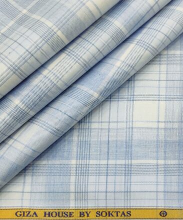 Soktas Men's Cotton Checks 1.60 Meter Unstitched Shirt Fabric (Sky Blue)