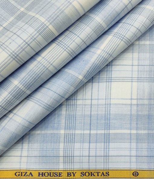 Soktas Men's Cotton Checks 1.60 Meter Unstitched Shirt Fabric (Sky Blue)