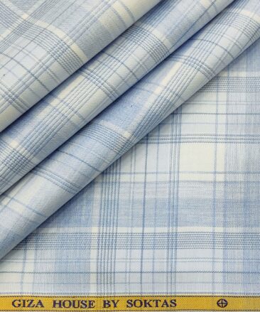 Soktas Men's Cotton Checks 1.60 Meter Unstitched Shirt Fabric (Sky Blue)