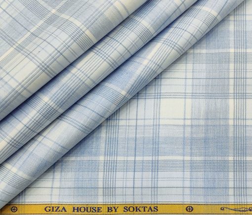 Soktas Men's Cotton Checks 1.60 Meter Unstitched Shirt Fabric (Sky Blue)