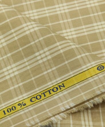 Soktas Men's Cotton Checks 1.60 Meter Unstitched Shirt Fabric (Oat Beige)