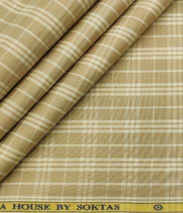 Soktas Men's Cotton Checks 1.60 Meter Unstitched Shirt Fabric (Oat Beige)