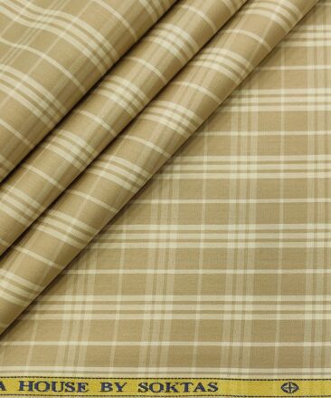 Soktas Men's Cotton Checks 1.60 Meter Unstitched Shirt Fabric (Oat Beige)