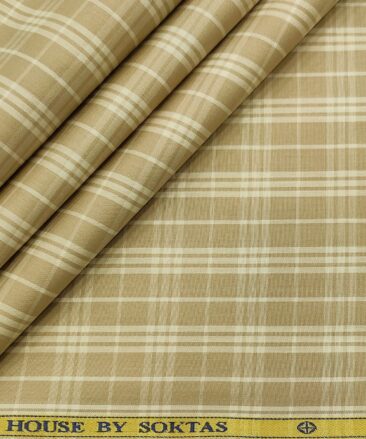 Soktas Men's Cotton Checks 1.60 Meter Unstitched Shirt Fabric (Oat Beige)