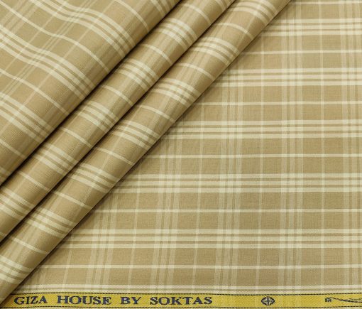 Soktas Men's Cotton Checks 1.60 Meter Unstitched Shirt Fabric (Oat Beige)