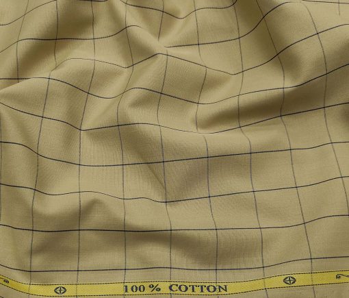 Soktas Men's Cotton Checks 1.60 Meter Unstitched Shirt Fabric (Oat Beige)