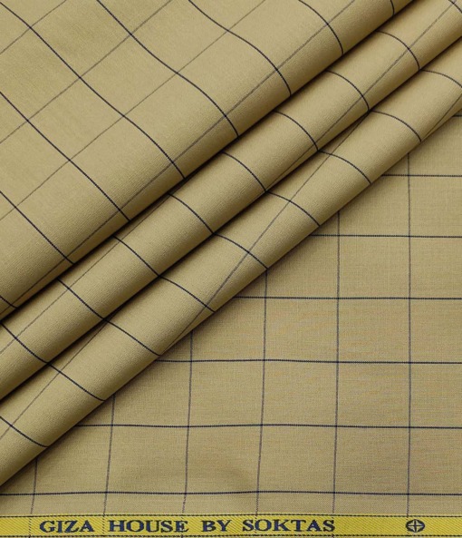 Soktas Men's Cotton Checks 1.60 Meter Unstitched Shirt Fabric (Oat Beige)