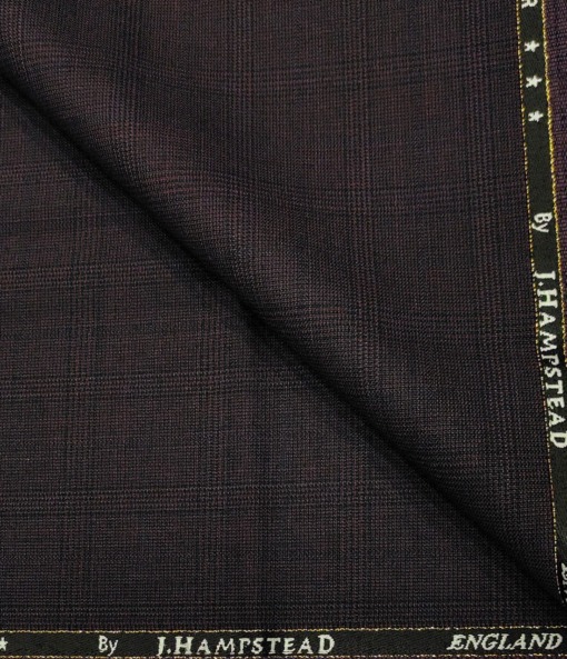 J.Hampstead Men's Wool Checks  Super 100's Unstitched Trouser Fabric (Dark Wine